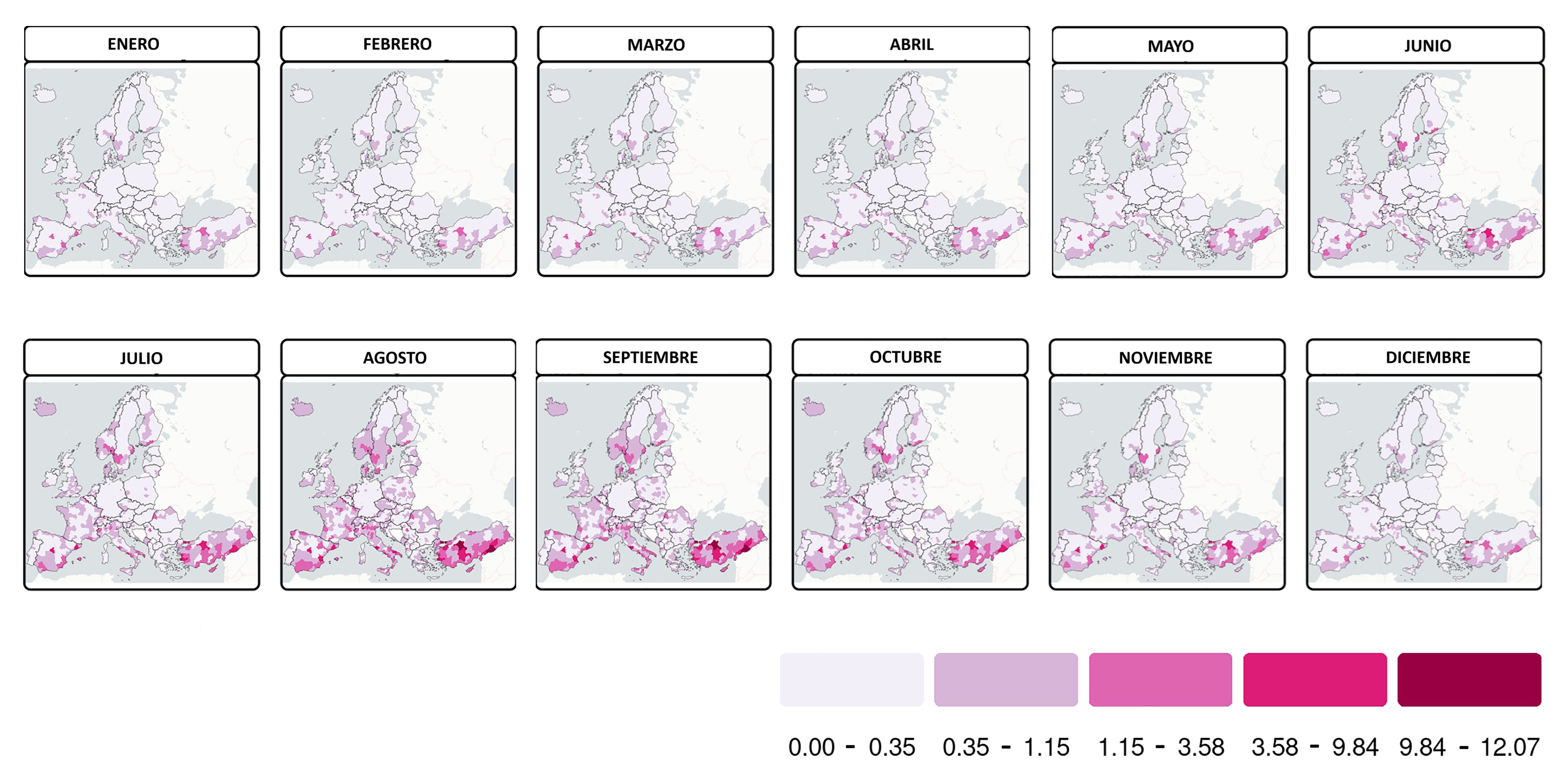Distribución espacial de las tasas de incidencia de la leptospirosis (casos por cada 100 000 habitantes) en Europa, basada en los promedios mensuales del periodo de referencia 2010-2023 (imagen: artículo publicado en The Lancet Regional Health).